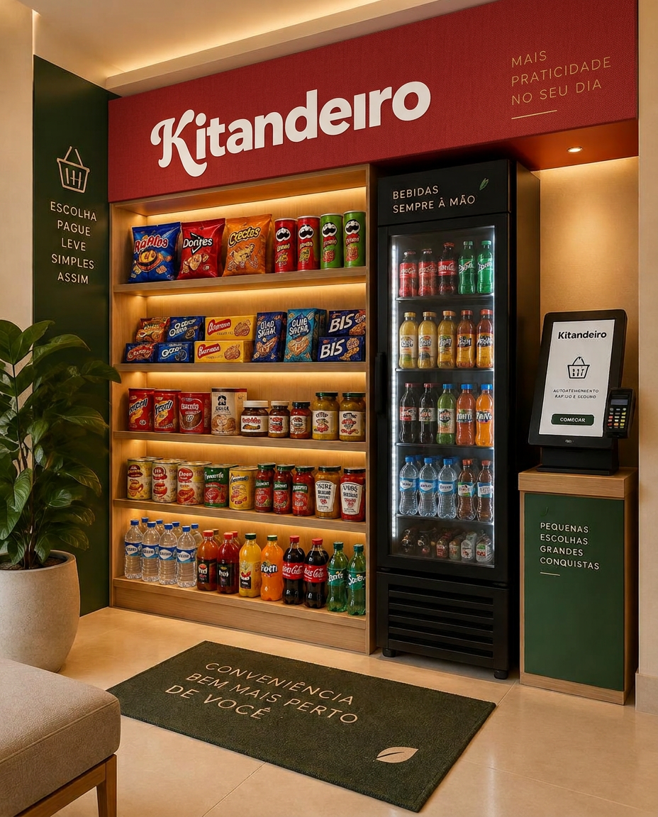 Visualização de um Kitandeiro compacto: letreiro vermelho Kitandeiro sobre prateleiras com snacks e bebidas, geladeira e totem de autoatendimento
